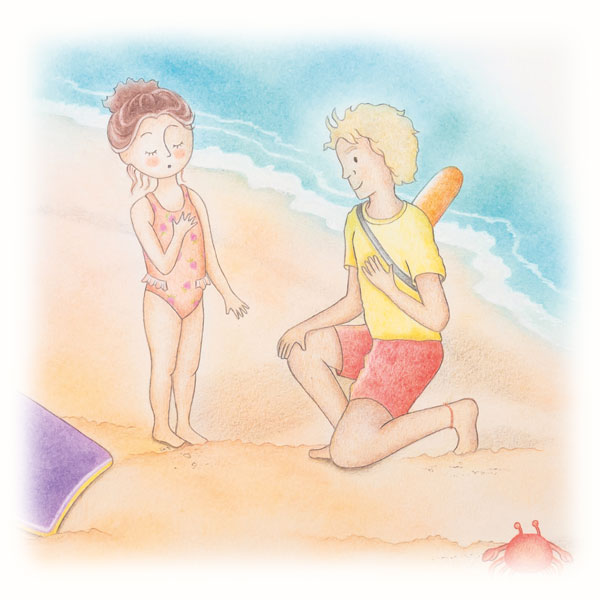 Ilustração da Mariana na praia com o salva-vidas, mostrando a interação entre os personagens da história