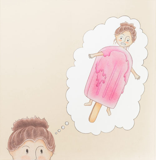 Ilustração de uma criança sonhando com um picolé rosa em uma nuvem de pensamento